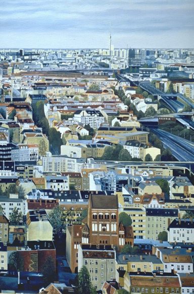 Berlin-Panorama Steglitz Blick vom Steglitzer Kreisel. Im Vordergrund: Rosenkranz-Basilika.