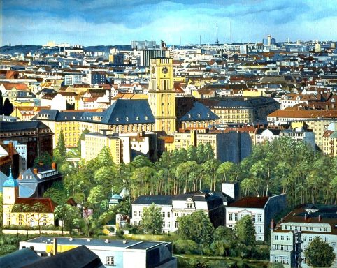 Berlin-Panorama Schöneberg Blick vom Gasometer Schöneberg. Im Vordergrund: Rathaus Schöneberg, Dorfkirche Schöneberg,