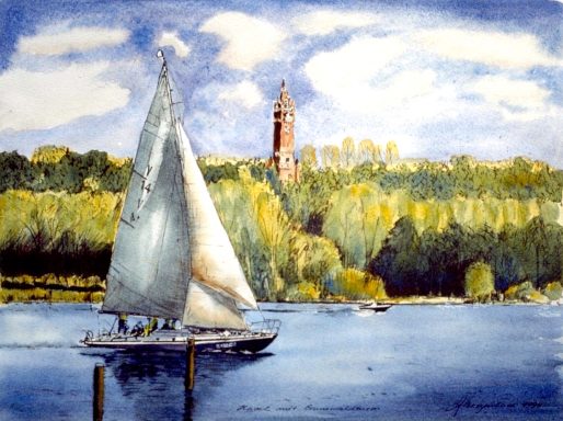 Havel mit Grunewaldturm Auf dem 79m hohen Karlsberg an der Havel 1897 von Franz Schwechten erbauter 55m hoher Turm, 5.6.1899 als "Kaiser-Wilhelm-Turm" eingeweiht