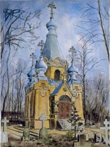 Russische Kirche, Borsigwalde Im Mittelpunkt steht eine der Basiliuskathedrale in Moskau nachgebildete Kapelle mit leuchtend blauen Zwiebeltürmen und Andreaskreuzen
