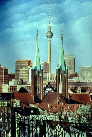 Berlin-Panorama Kreuzberg Blick vom Kreuzberg in Richtung Mitte. Im Vordergrund: St. Bonifaziuskirche. Dahinter das Rathaus Kreuzberg.
